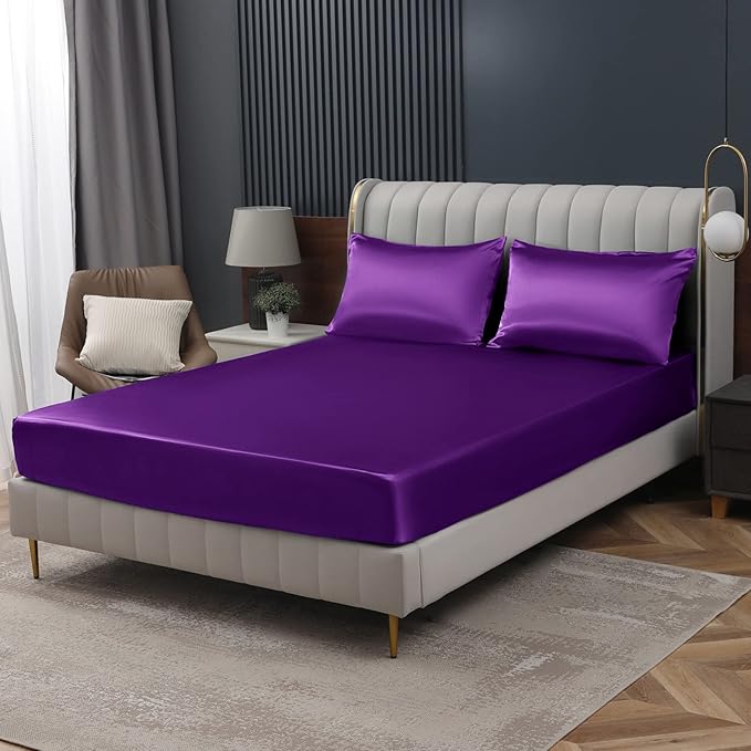 Homiest Purple Satin Fitted Sheet King Size, Deep Pocket, Luxury & Ultra Soft by Homiest
