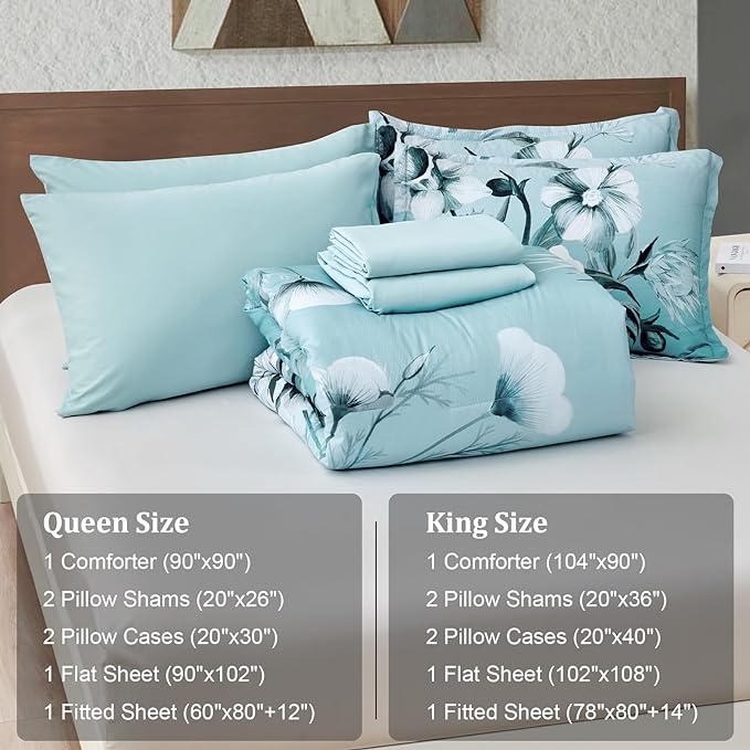Luxudecor Floral Comforter Set King Size 7 Piece, Aqua Flower Bed in a Bag - Image 7