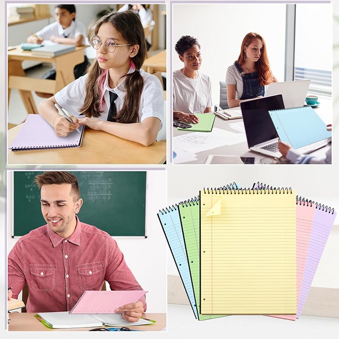 10 Packs 8.5" x 11" Top Spiral Notebook with 3 Hole Punched Legal Pads College Ruled Notepad 50 Sheets Hard Cardboard Paper Wirebound Notepad for Office School Business (Multicolor)-DeskoryOffice