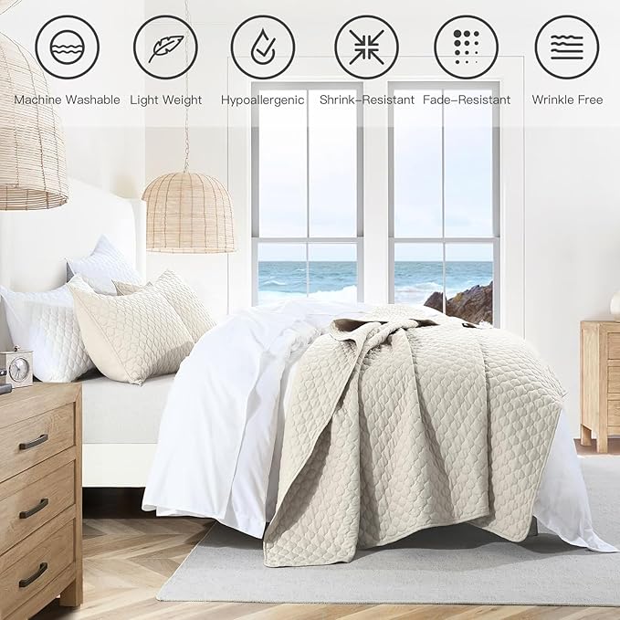 HORIMOTE HOME Quilt Set Queen Size Beige Bedspread, Modern Style Quilted Clouds - Image 3