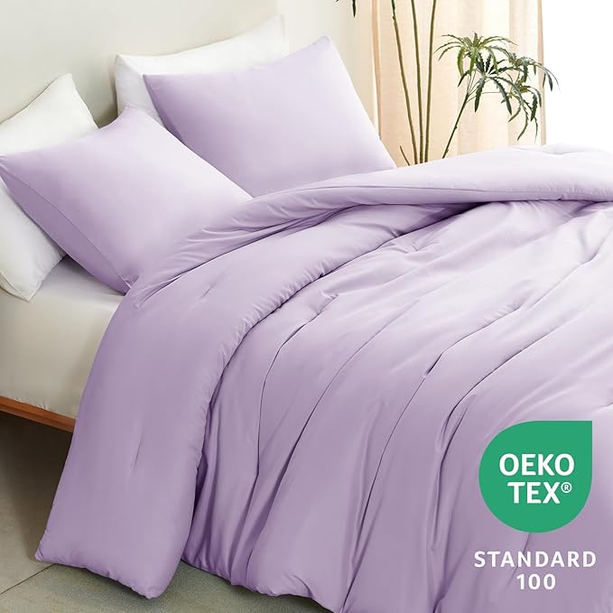 CozyLux Lavender King Size Comforter Set, 3 Pieces Light Purple Solid - Image 4