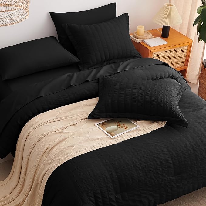 CozyLux Queen Comforter Set Black Seersucker 7 Pieces Bed in a Bag Queen - Image 6