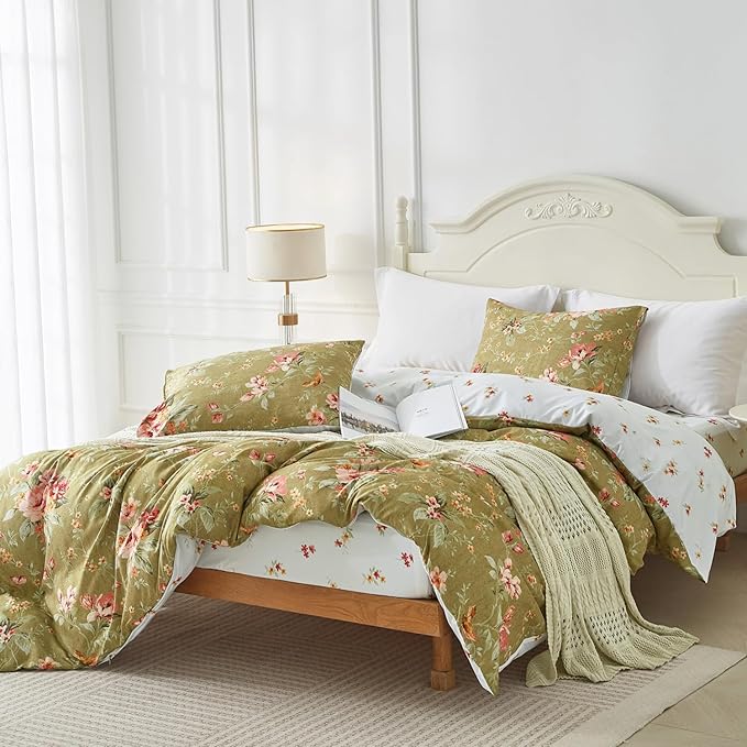 mixinni Duvet Cover Full Size, Long Staple Cotton Reversible Green Floral Duvet - Image 8