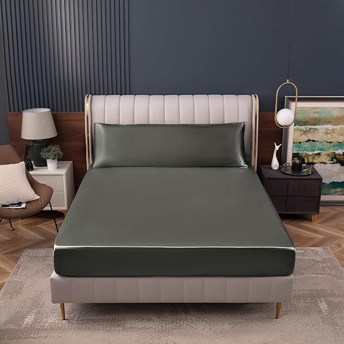 Homiest Dark Grey Satin Fitted Sheet Twin Size, Deep Pocket, Luxury & Ultra - Image 2