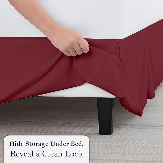 Queen Bed Skirt, Luxury 12 Inch Drop Burgundy Pleated Bed Skirt, Double Brushed Microfiber, Box Pleat Design, Wrinkle & Fade Resistant, Easy Fit Tailored Bedskirt for Queen Size Beds