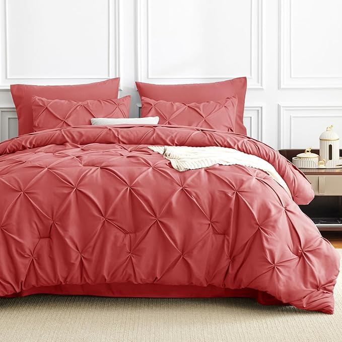 CozyLux Queen Comforter Set Coral, 7 Pieces Pintuck Bed in A Bag, Premium Coral - Image 8