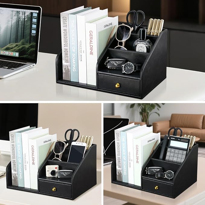 KINGFOM PU Leather Desk Organizer, Multifunction 6 Compartment Desk Organizers and Accessories for Office Supplies, Pen Pencil Holder/Book Mail Organizer Holder for Desk with Drawer(Black)-DeskoryOffice