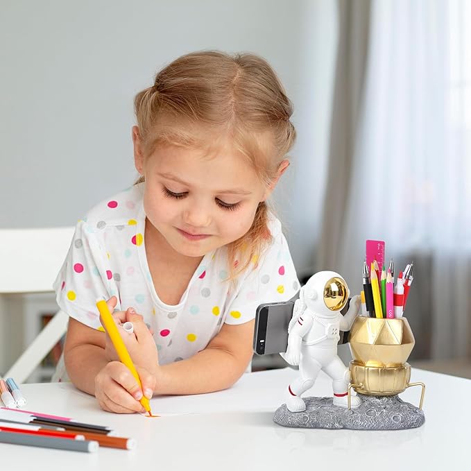 Astronaut Pen Pencil Holder with Phone Stand Resin Spaceman Pencil Holder Desk Pen Holder Organizer Decorative Accessories Suitable Office Classroom Home Creative Gifts for Adults and Kids-DeskoryOffice