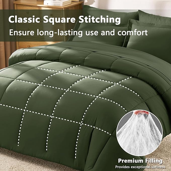 CozyLux Queen Comforter Set Olive Green - Image 4