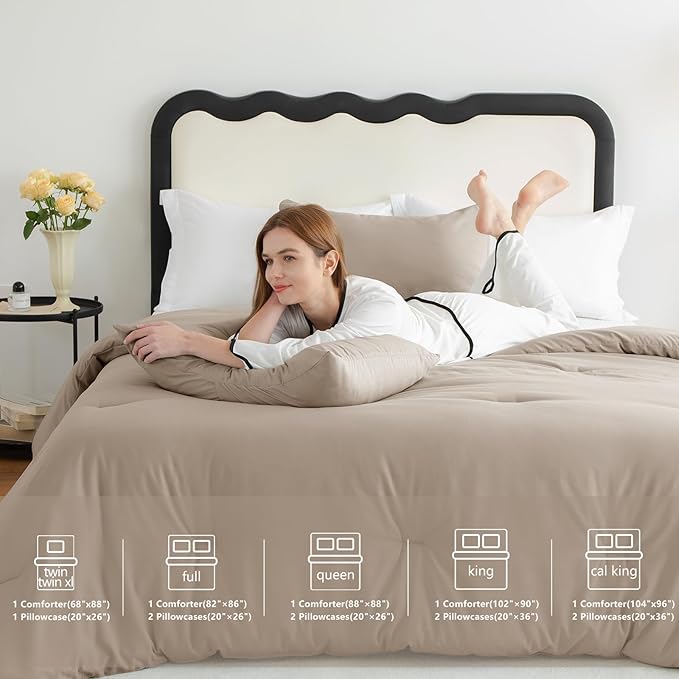 CozyLux Full Size Comforter Set Khaki, 3 Pieces Solid Breathable Quilted - Image 6