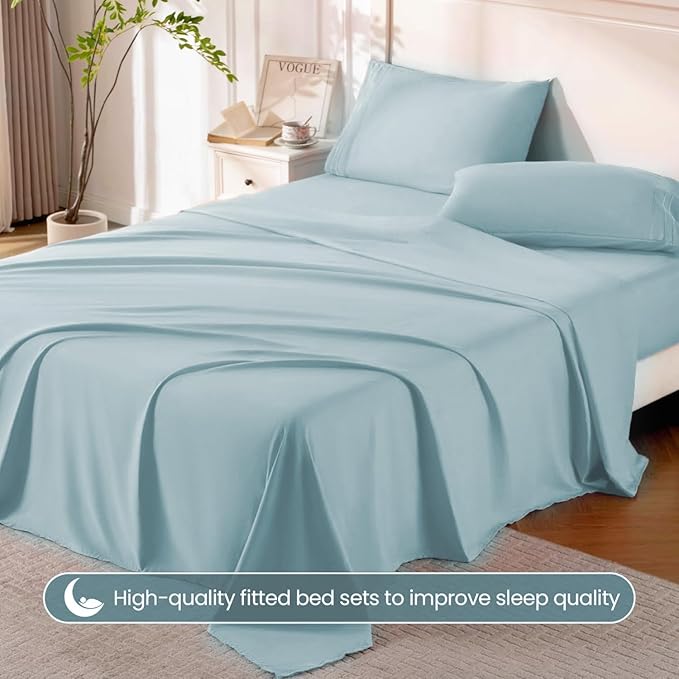 ROSE&RISY Light Blue Sheet Set, 4 Pieces Soft Bedding Queen Sheet Set, - Image 5