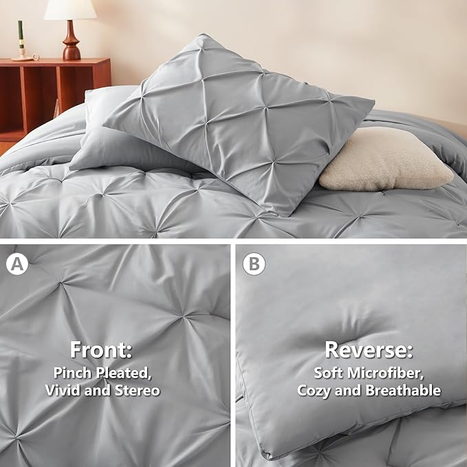 HIMEET Pintuck Bed in a Bag, 7 Pieces Queen Size Comforter Set Light Grey - Image 3