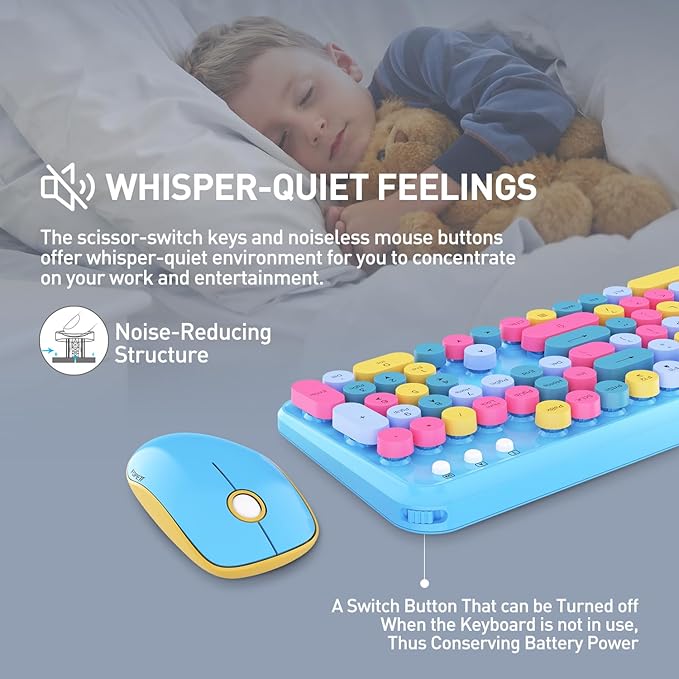 Keyboard and Mouse Wireless,Cute Retro Wireless Keyboard Mouse Combo with Round Key,2.4Ghz Dropout-Free Connection,Typewriter Wireless Keyboard Mouse Set for PC Laptop Desktop Computer-Blue Colorful-DeskoryOffice
