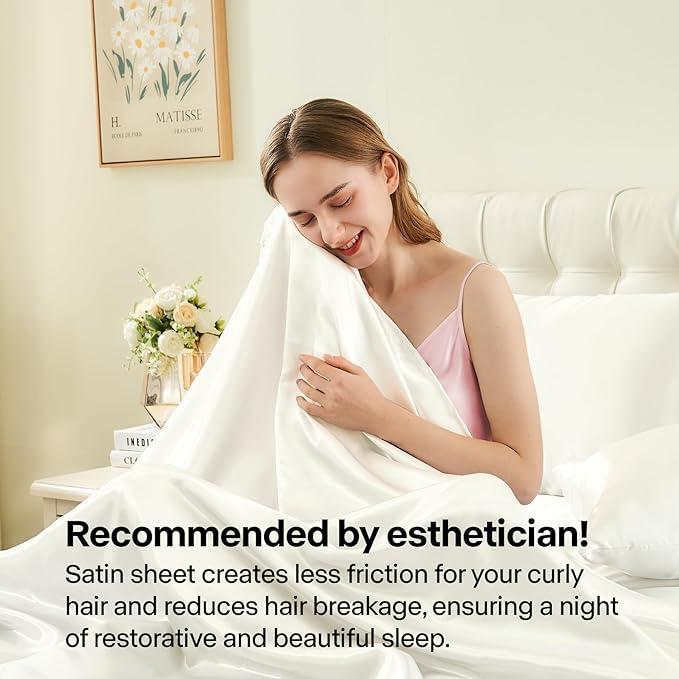 BEDELITE Satin Sheets Queen Size Bed Set, Luxury Soft Ivory White Silky Sheets - Image 4