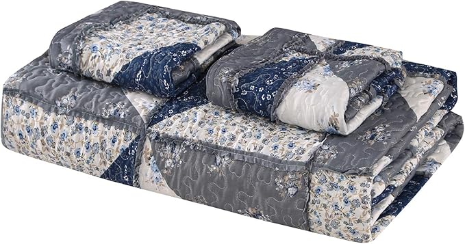 Patchwork Quilt Set King Size Quilted Bedspread Coverlet Set 3-Piece Grey - Image 8