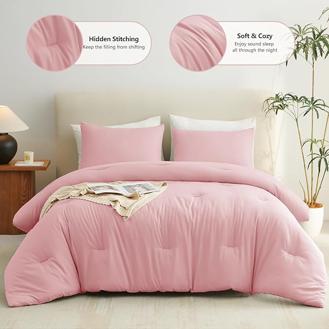 CozyLux Queen Comforter Set Pink, 3 Pieces Solid Comforters Queen Size - Image 2