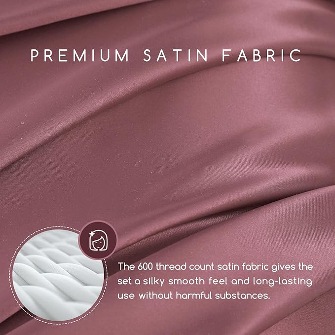MR&HM Satin Bed Sheets Set, Twin XL, Rose Taupe, 600 Thread Count, 15 Inches - Image 2
