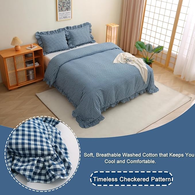 Silnuo Navy Blue/White Plaid Ruffle 3-Piece Duvet Cover Set King Size, Washed - Image 3