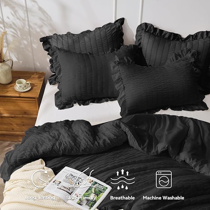 JOLLYVOGUE Black Queen Comforter Set, 3 Pieces Seersucker Comforters Queen Size - Image 3