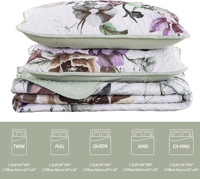 Floral Quilt Set King 3 Pieces Boho Green Quilt Coverlet Set Soft Microfiber - Image 7