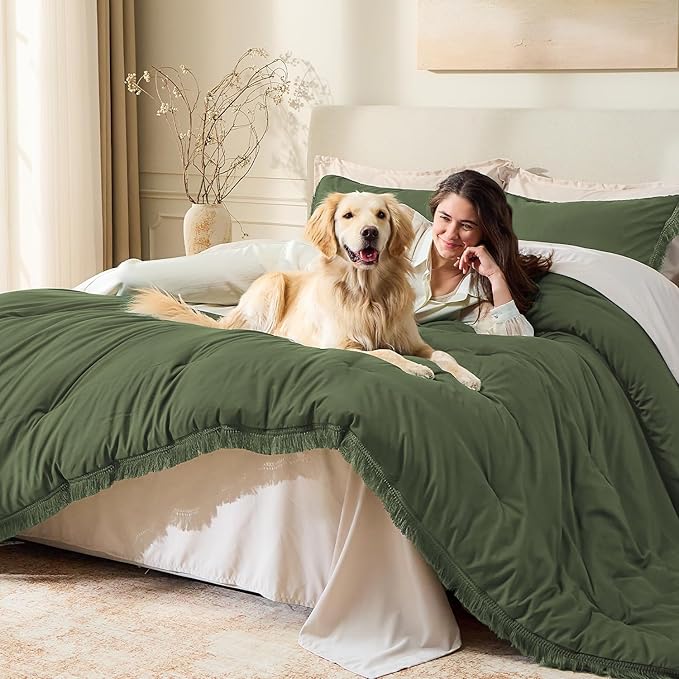 Andency Comforter Set Oversized King Olive Green 120x120, 3 Pieces Boho Fall - Image 3