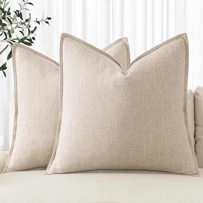 MIULEE Decorative Linen Euro Sham Pillow Covers 22x22 Inch Natural Beige Boho by MIULEE