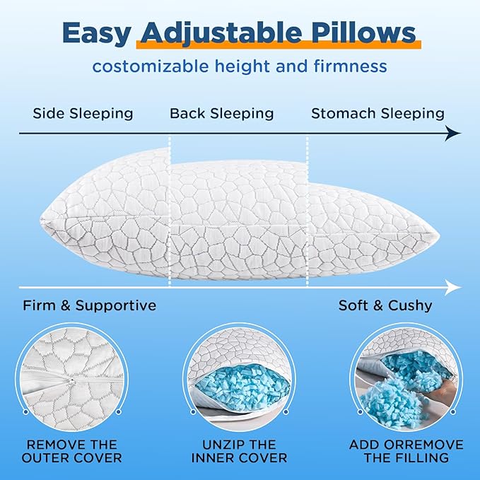 Cooling Pillows King Size Set of 2, Firm Shredded Memory Foam Pillows - Image 4