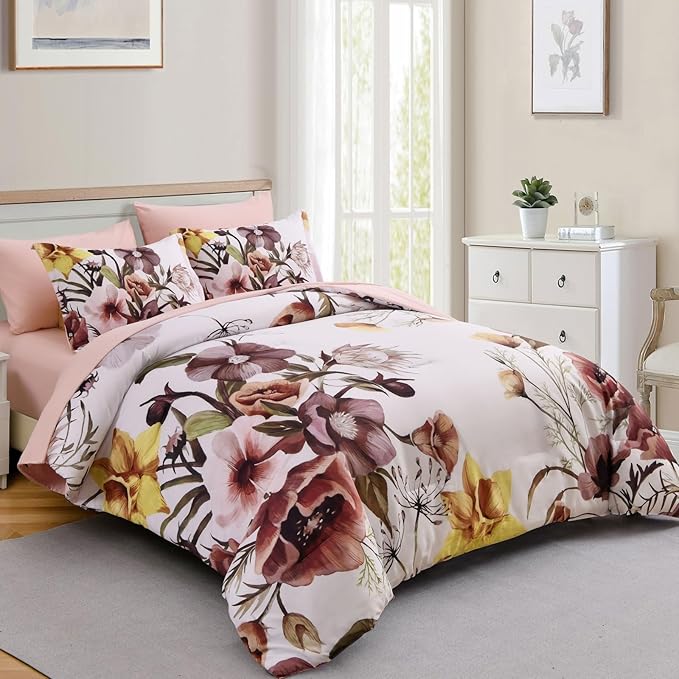 Luxudecor Floral Comforter Set Full Size 7 Piece, Blush Flower Bed in a Bag - Image 2