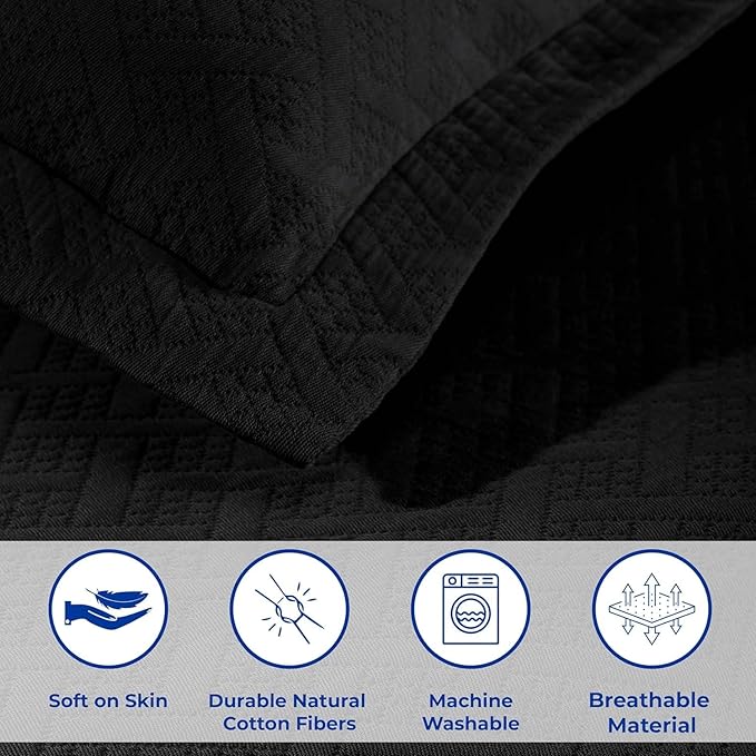 Superior 3 Piece Basketweave Cotton Bedspread Set, Home Bed Decor, Decorative Bed Spread, 2 Pillow Shams, Medium Weight Blanket, Matelasse Coverlet Bedding, Geometric Lattice Pattern, Full, Black