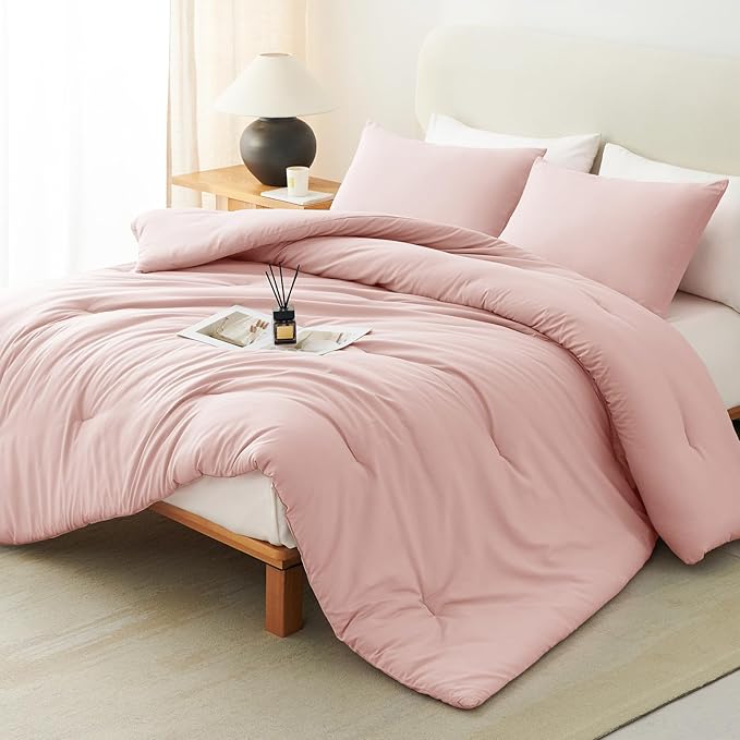 CozyLux Full Size Comforter Set Blush Pink, 3 Pieces Solid Breathable Quilted by CozyLux