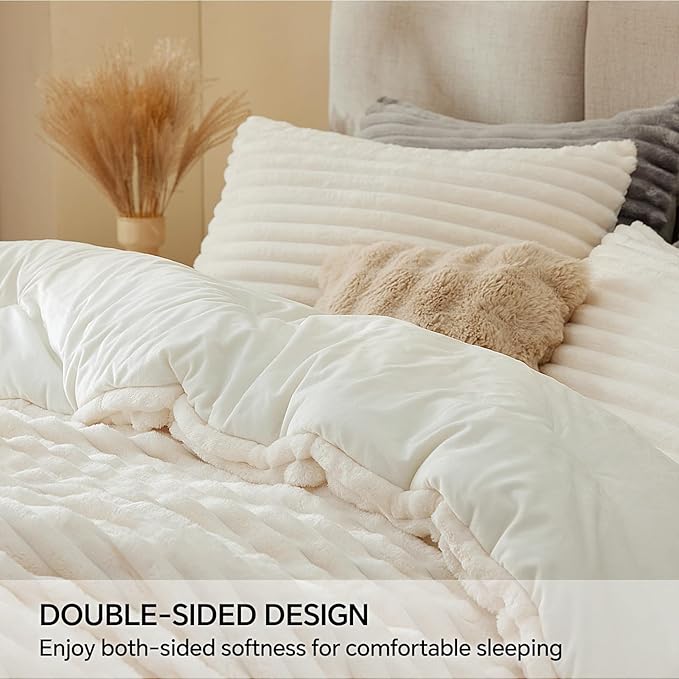BEDELITE Fleece King Comforter Set -Super Soft & Warm Fluffy Cream White Bedding - Image 4