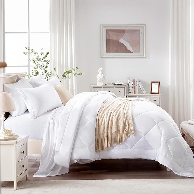 Love's cabin Queen Comforter Set White, 7 Pieces Queen Bed in a Bag, All Season - Image 3