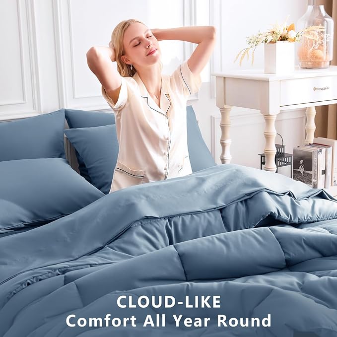 CozyLux King Size Comforter Set Dusty Blue, 7 Pieces Bed in a Bag, All Season - Image 4