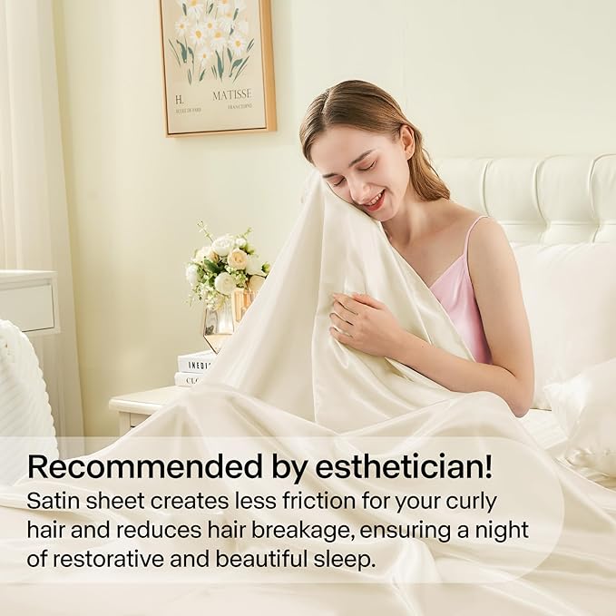 BEDELITE Satin Sheets Queen Size Bed Set, Luxury Soft Beige Silky Sheets - Image 4