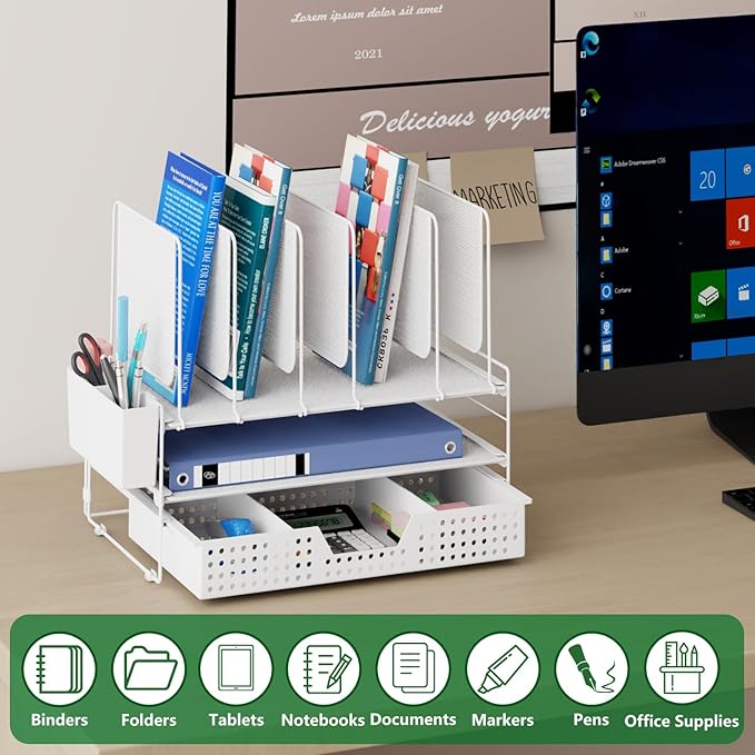 Desk Organizer, Office Organization with Vertical File Holder, File Organizer with Drawer and Pen Holder, Desk Accessories and Workspace Organizers for Home Office (White)-DeskoryOffice