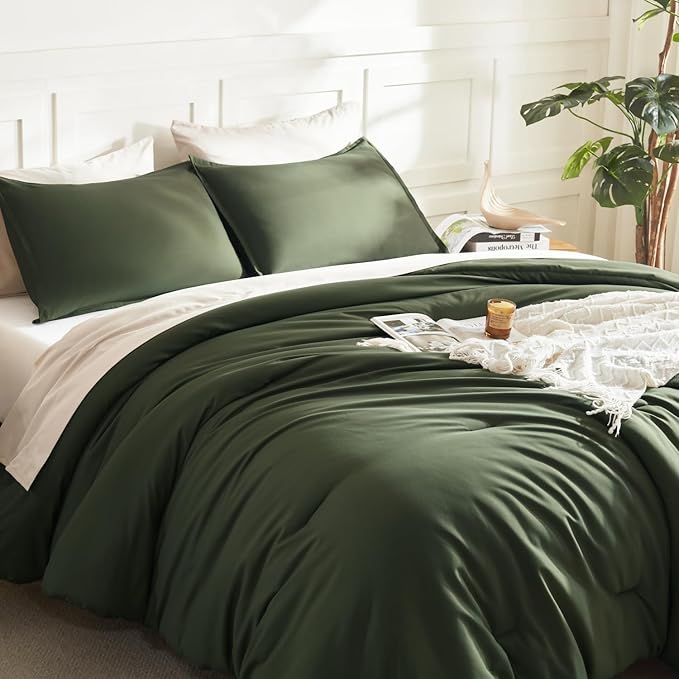 Litanika Dark Olive Green Comforter Set Full, 3 Pieces Solid Bedding Comforter - Image 5