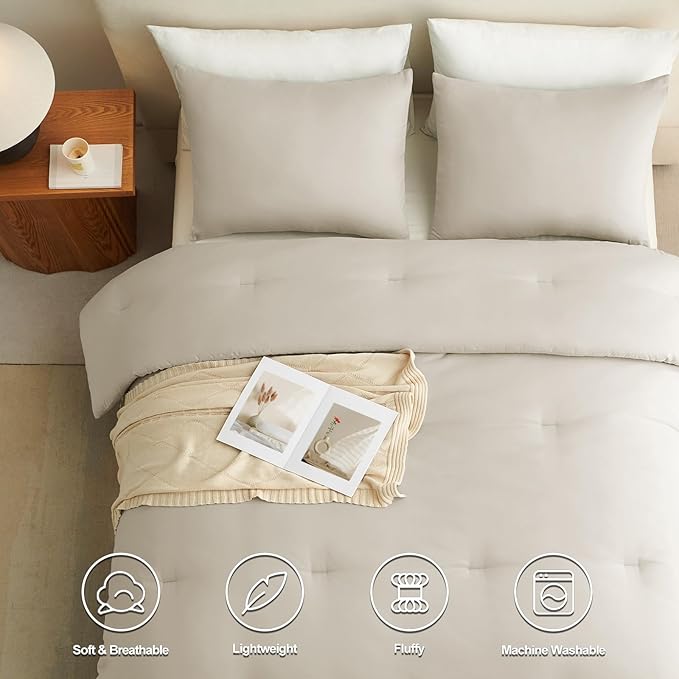 CozyLux Queen Comforter Set Oatmeal, 3 Pieces Solid Comforters Queen Size - Image 3