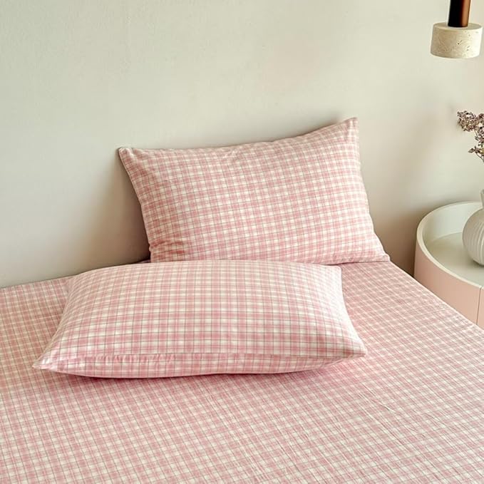 PinkMemory Pink Gingham Plaid Duvet Cover Set Queen 100% Washed Cotton Cute - Image 5
