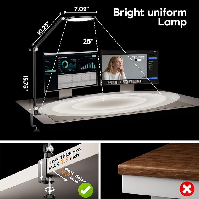 Led Desk Lamps for Home Office, Eye-Care Architect Light with Clamp, Dimmable Zoom Lighting with 3 Color Modes & 10 Brightness, Smart Computer Ring Light for Video Calls, Conference, Reading-DeskoryOffice