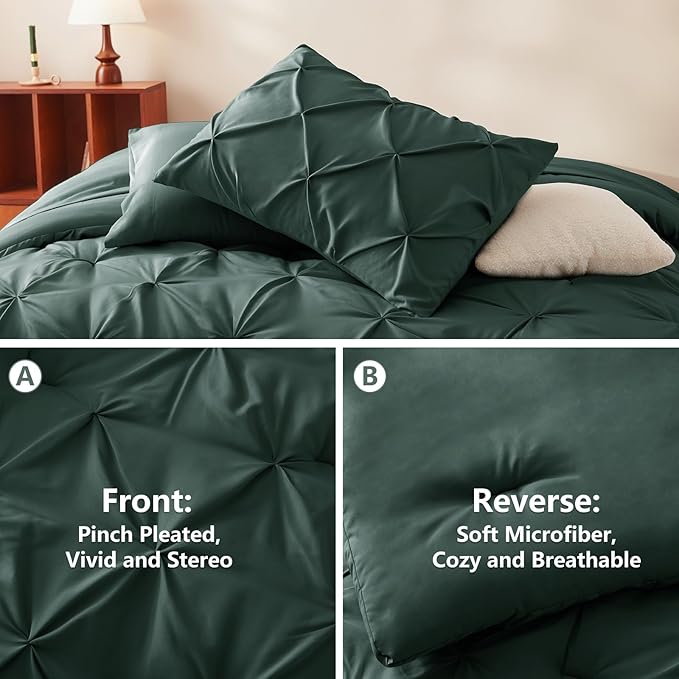 CozyLux King Size Comforter Set Forest Green, 7 Pieces Pintuck Bed in A Bag - Image 3