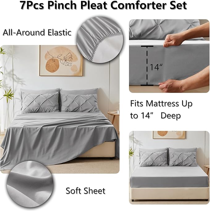 HIMEET Pintuck Bed in a Bag, 7 Pieces King Size Comforter Set Light Grey - Image 6