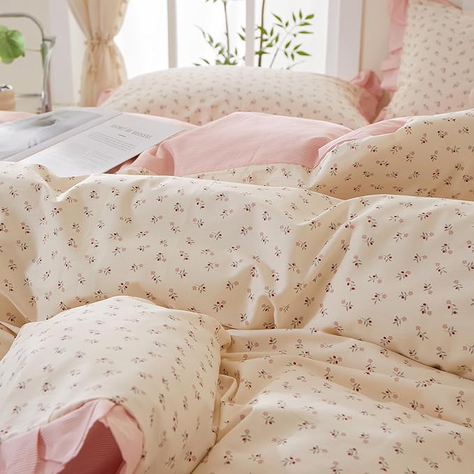 mixinni Pink Floral Duvet Cover Set Twin XL Size – 100% Cotton Ruffle Lace - Image 8