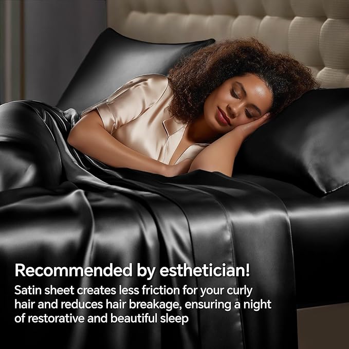 BEDELITE Satin Sheets Full XL Size Bed Set, Luxury Soft Black Silky Sheets - Image 5