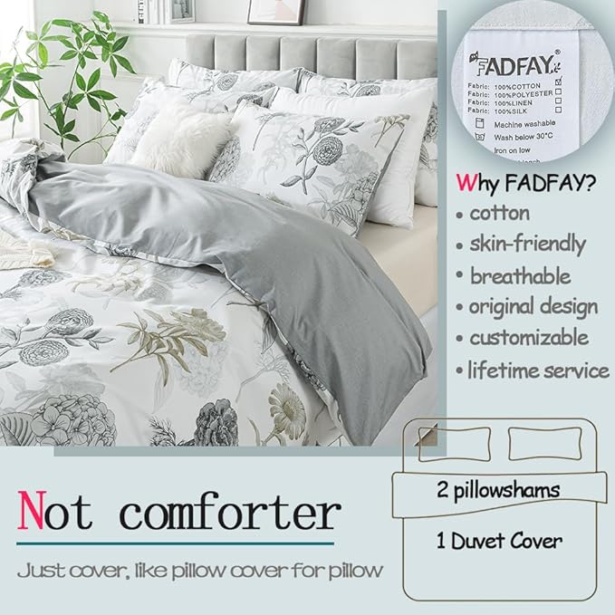 FADFAY Floral Duvet Cover Set Twin XL 100% Cotton College Bedding Ink Grey - Image 2