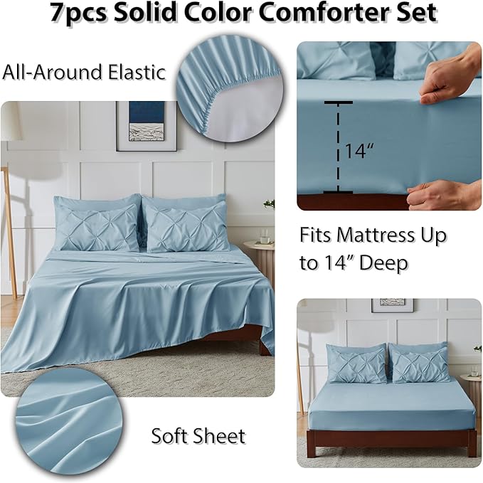 CozyLux Queen Comforter Set Light Blue, 7 Pieces Pintuck Bed in A Bag, Premium - Image 6