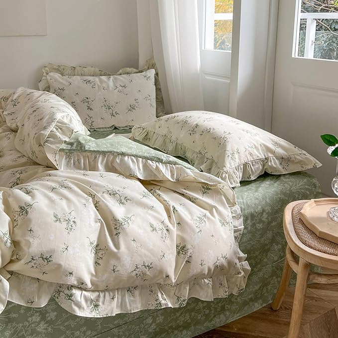 MKXI Botanical Floral Duvet Cover Queen Beige Girls Ruffled Bedding Set - Image 7