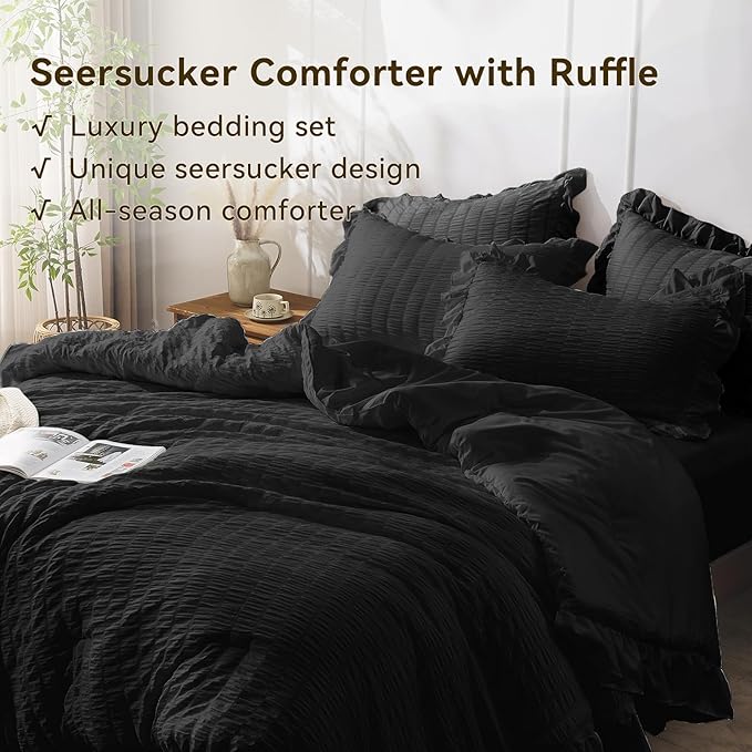 JOLLYVOGUE Black Queen Comforter Set, 3 Pieces Seersucker Comforters Queen Size - Image 4