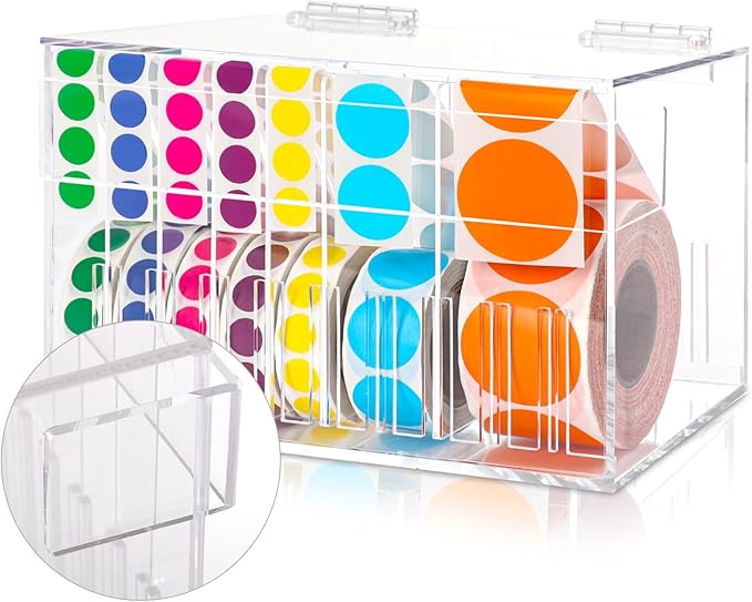 10 Disks Adjustable Label Dispenser with Lid 7.7 * 5.5 * 5.2 Inches Acrylic Sticker Dispenser Sticker Roll Holder for Holding Multi-Label Sticker Tape Date Markers Label Office (Not Include Sticker)-DeskoryOffice