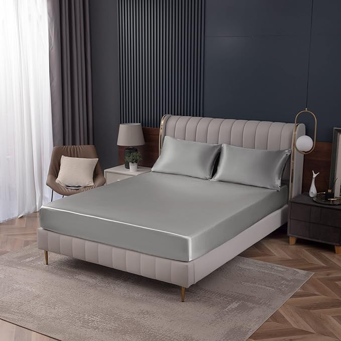 Homiest Light Grey Satin Fitted Sheet Queen Size, Deep Pocket, Luxury & Ultra - Image 9