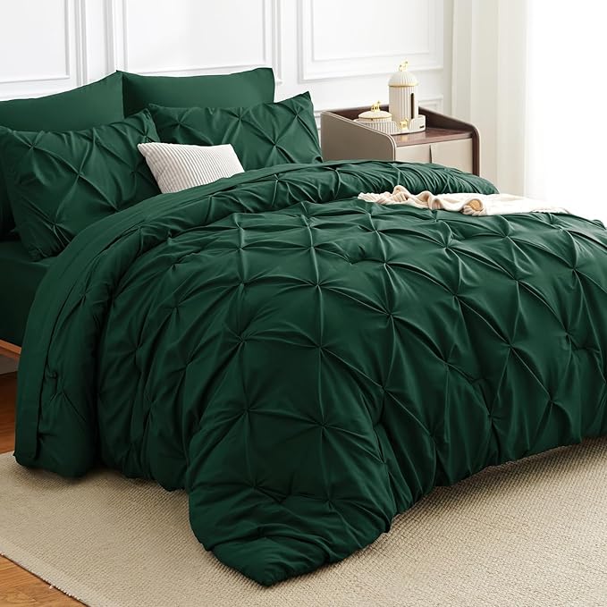 CozyLux King Size Comforter Set Emerald Green, 7 Pieces Pintuck Bed in A Bag - Image 4